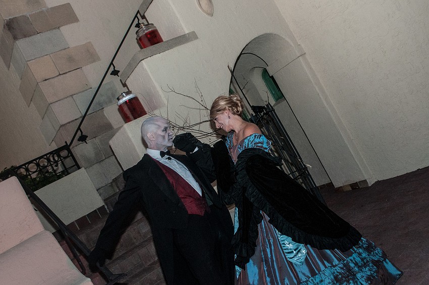 Actor Tom Laitinen, Prince Prospero, and actress Jaye Sheldon, Lady Rowena, begin the evening with an introduction.