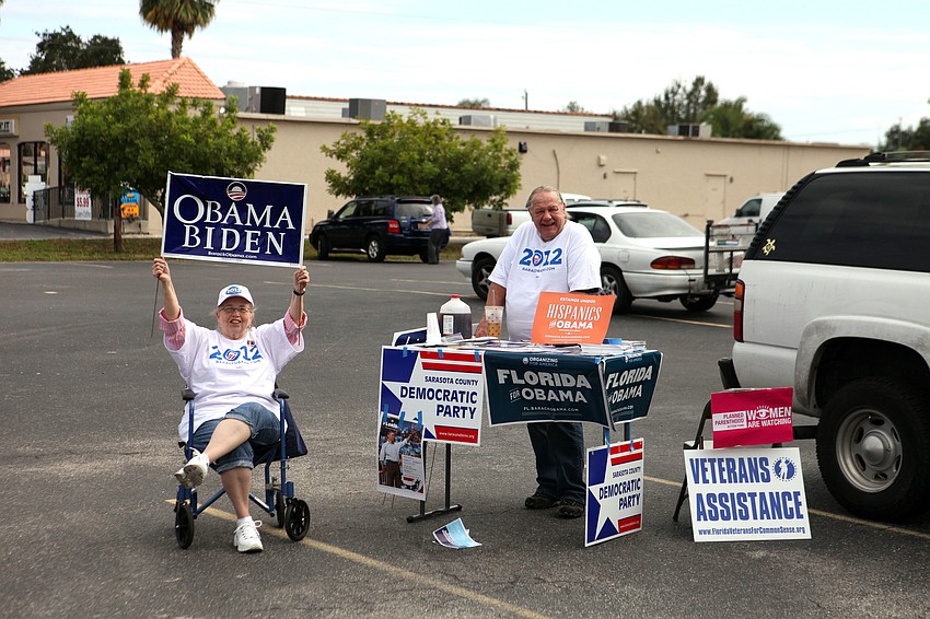 Rowena Moomey and Jerry Carpenter set up a table at the Knights of Columbus polling place Wednesday, Nov. 6, Election Day.