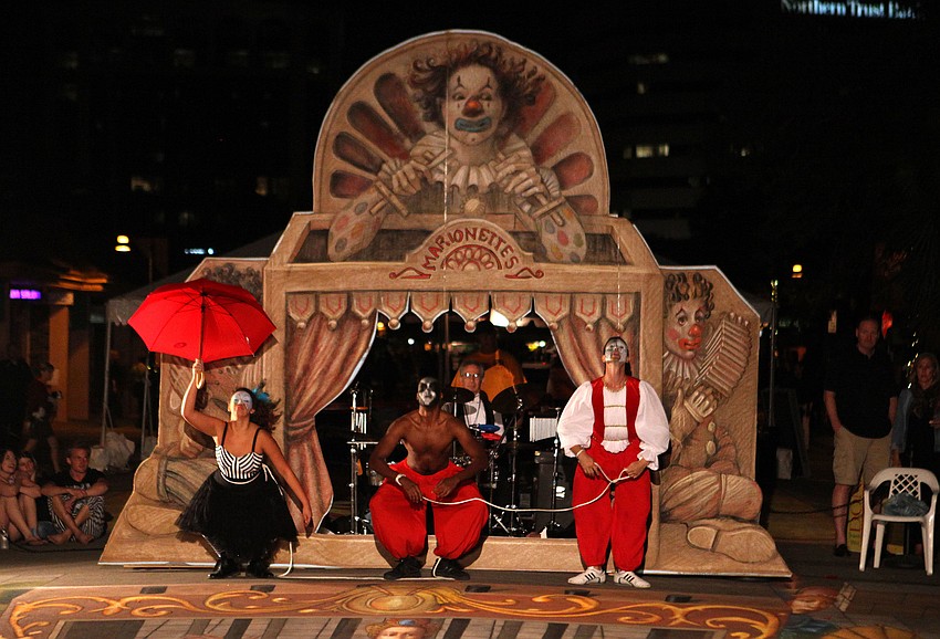 Anna Maria Diamont, Jahrel Thompson and Ben Howe as clowns