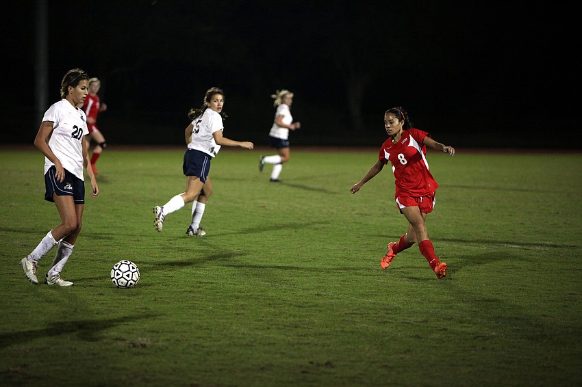 ODAâ€™s Juliet Onufrak, No. 20, moves the ball up the field as Cardinal Mooneyâ€™s, Jasmine Rosales, No. 8, gets in position to try and stop her advances.