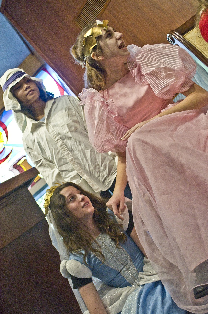 Seventh graders of Temple Emanu â€“El religious school perform in a Hanukah play.