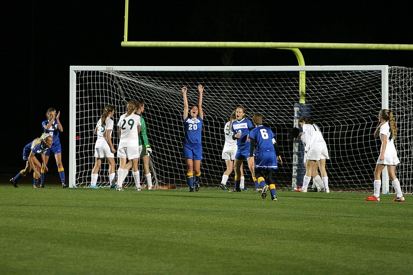 Sarasota Christianâ€™s Shae Benassi, No. 20, reacts after scoring the first goal for Sarasota Christian during their game against St. Stephenâ€™s Thursday, Jan. 17, at The Out-of-Door Academy.