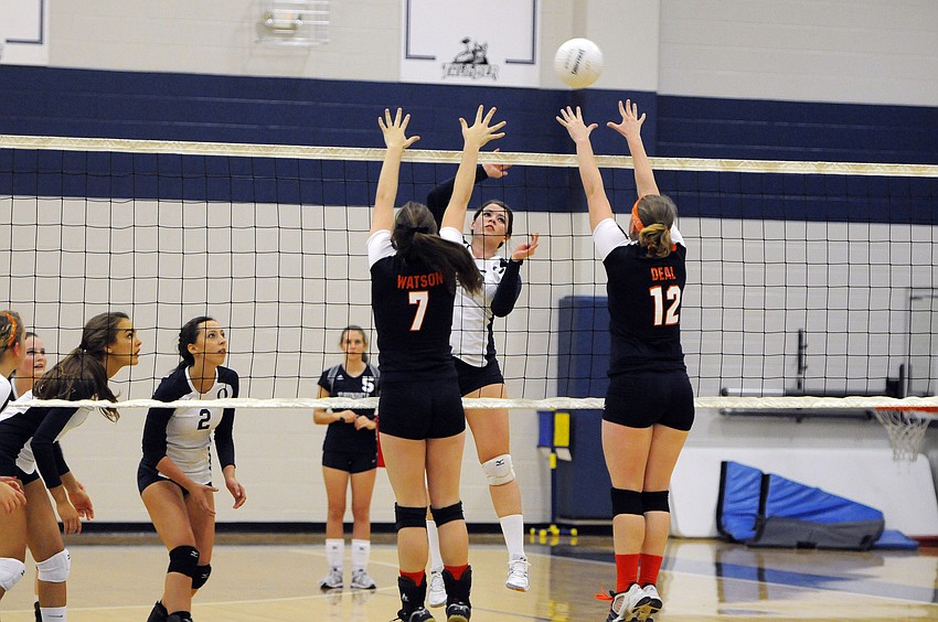 Senior Natalie Rodriquez records a kill in the second game.