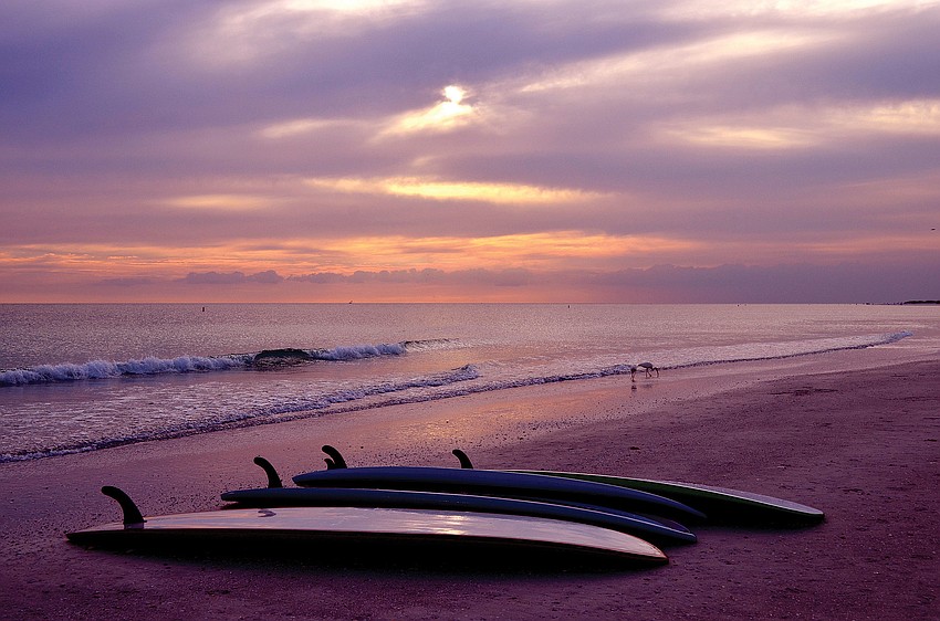 Paddleboards lay along the shore of Lido Beach at sunset.