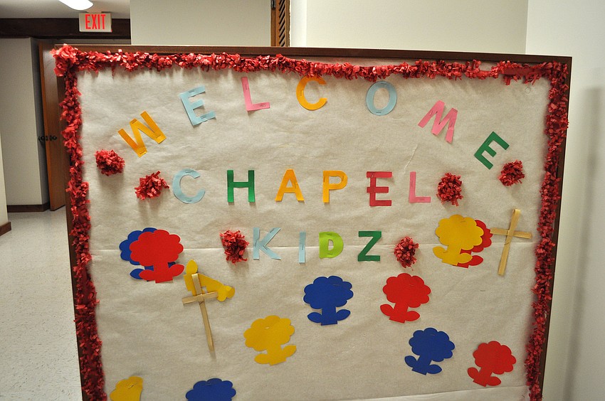 The welcome sign downstairs at Siesta Key Chapel for the ChapelKidz classroom.