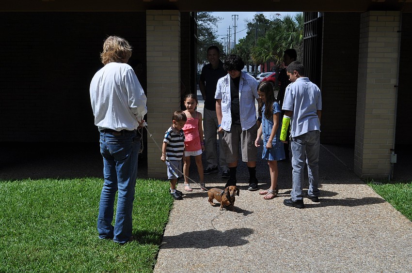 A group admires Christopher Maestriâ€™s dog, Gretchen.