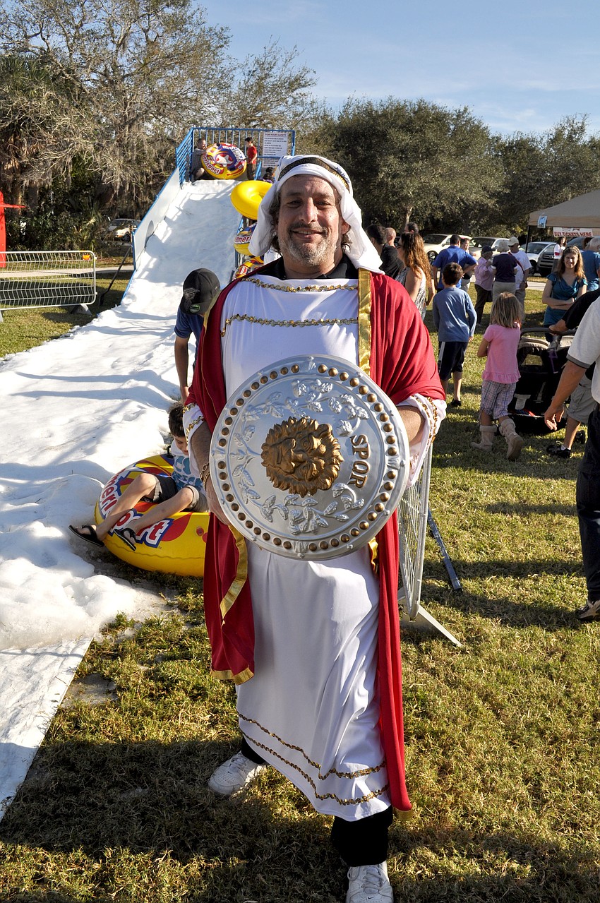 Larry Rifkin dressed as Judah Maccabee, the hero of the Hanukkah story.