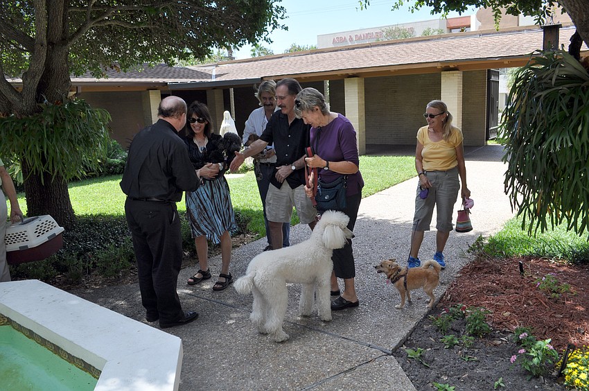 Pet owners wait to have their dogs blessed.