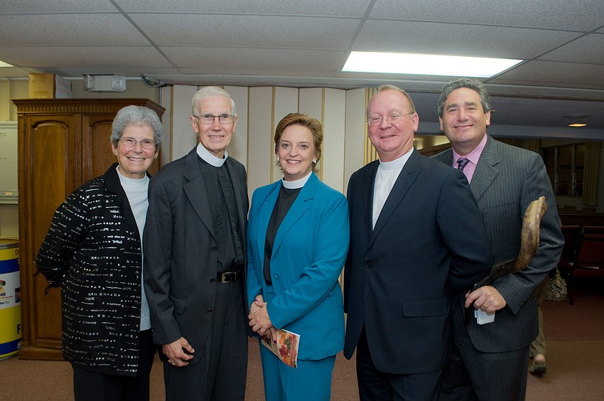 Mimi Horwitz, Father David Danner, Vicar Marilyn Beyer, Mark Bernthal and Jonathan Katz