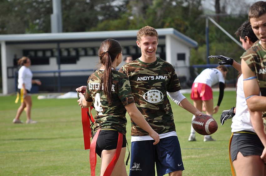 Sean Kirshe celebrates after catching a long pass.