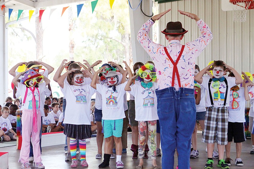 Fourth-graders played clown for a day and followed Circus Sarasotaâ€™s Robin Eurich during a sketch at Circus Day at Bay Haven School of Basics Plus.