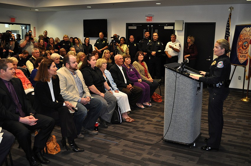 Sarasota Police Chief Bernadette DiPino speaks to the crowd that attended her swearing in ceremony and thanks her family and friends for attending.