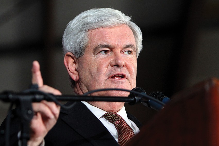 Republican presidential contender Newt Gingrich spoke to a large crowd at Dolphin Aviation Center.