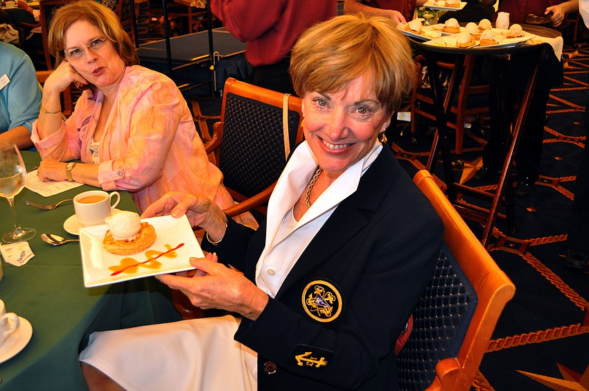 Karin Jones shows off her decadent dessert, a pear tatin with cinnamon ice cream.