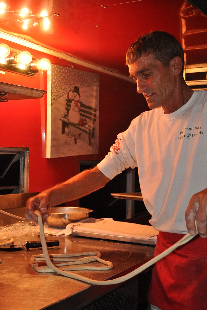 Bieler Butterfly Pretzels Pretzelicioius,â€ as he calls himself, demonstrated how to make a pretzel in his mobile pretzel stand.