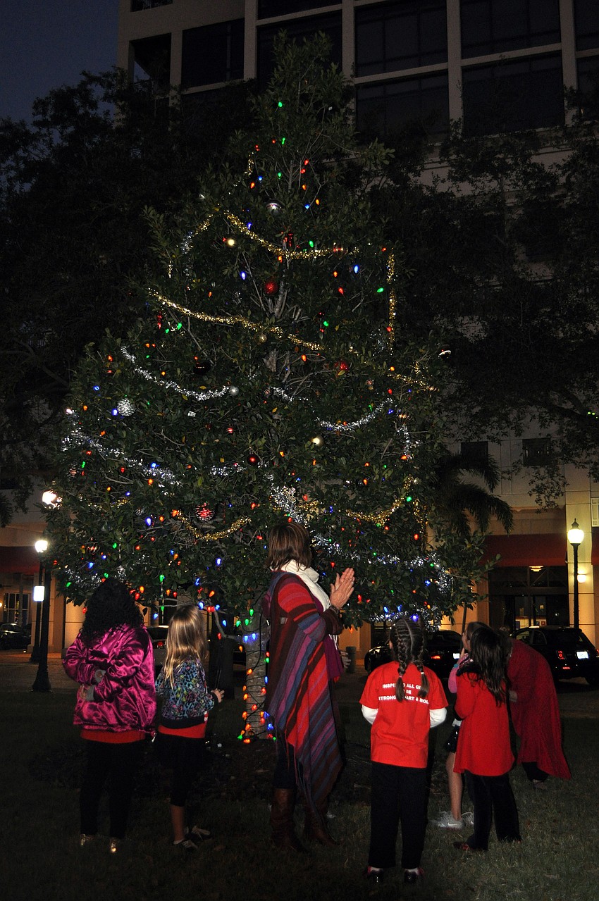 People clap and cheer as the decorated tree is officially lit Friday, Nov. 23, in Five Points Park.