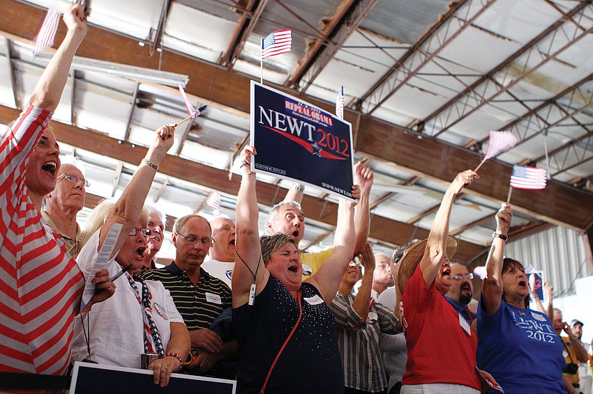 More than 4,000 people gathered Jan. 24 in a Dolphin Aviation hanger at Sarasota - Bradenton International airport to cheer on former Speaker of the U.S. House Newt Gingrich.