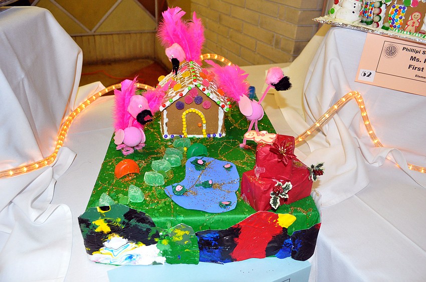This flamingo themed gingerbread house was created by Ms. Wexlerâ€™s class of Brookside Middle School.