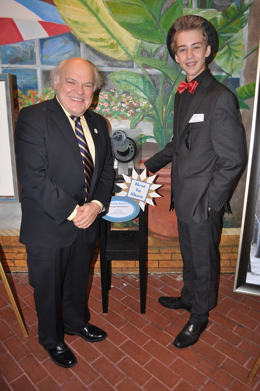 Dr. Donal Oâ€™Shea with Tristan Rivers and Riversâ€™ piece â€œThrough Dimensionsâ€.