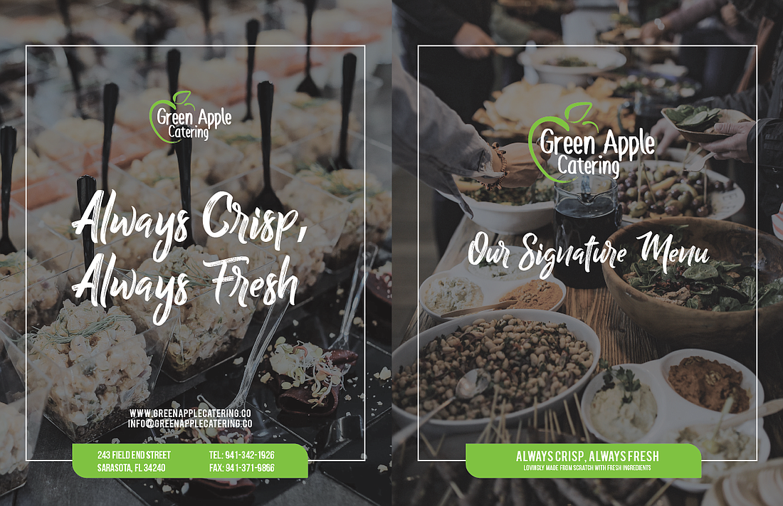 The new menu Web Jarvis designed for Green Apple Catering, showing the company&#39;s new logo and highlighting its tagline.