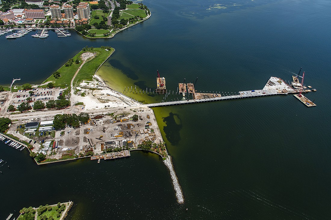 A July 2018 aerial photo shows construction progress of the new St. Pete Pier in St. Petersburg. Courtesy photo.