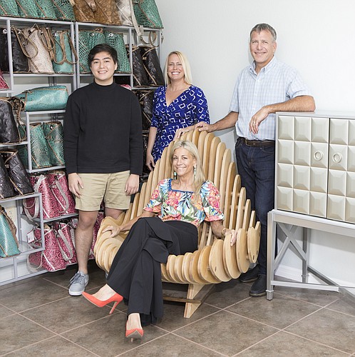 Mark Wemple. From left: Yoshua Torrolva, Heather Roembke, Gretchen Bauer, sitting, and Dave Szczepaniuk are all part of BSwanky, a Sarasota startup handbag manufacturer.