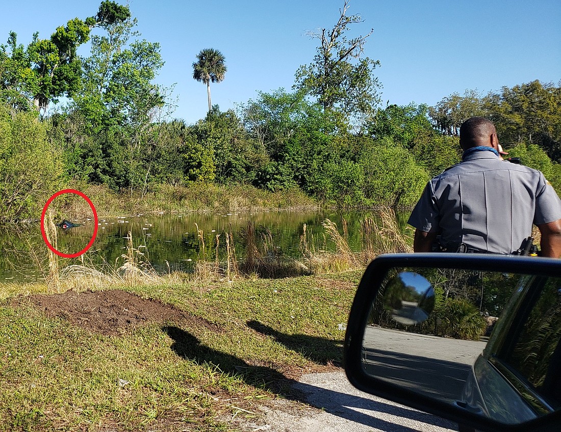 A Daytona Beach Police officer stands by the pond in which the 2006 Buick passenger car sank into. Courtesy photo