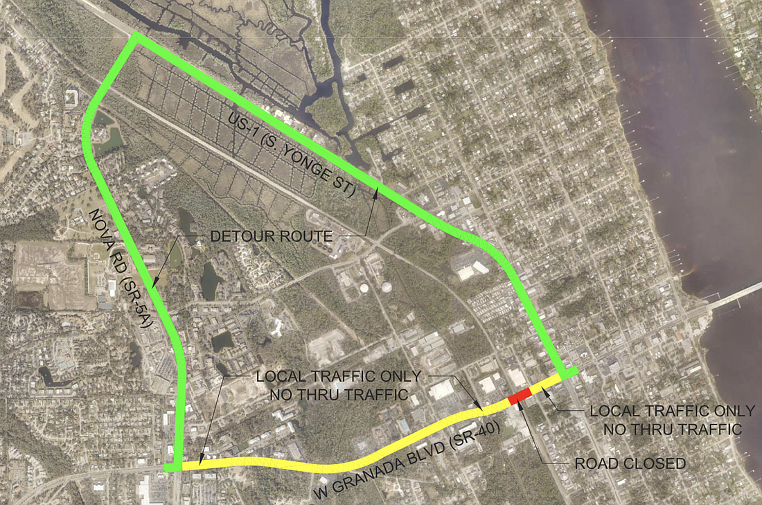 Through traffic will need to use Nova Road and U.S. 1 to bypass Granada Boulevard. Courtesy of the city of Ormond Beach