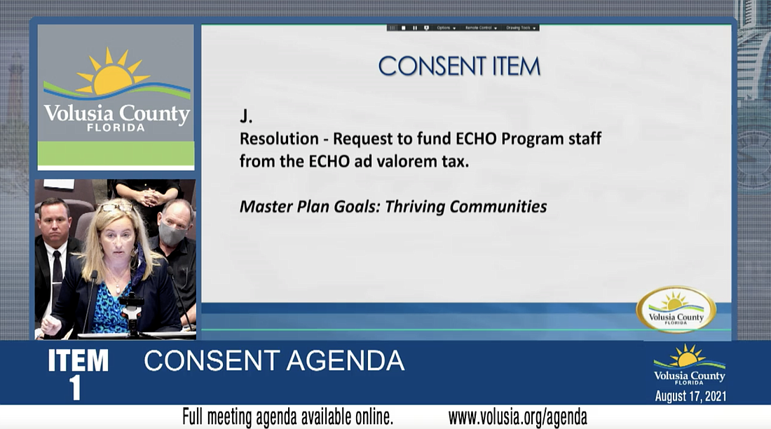 Screenshot of Volusia County's meeting livestream: Dona Butler, Volusia County director of community services, addresses the Volusia County Council.