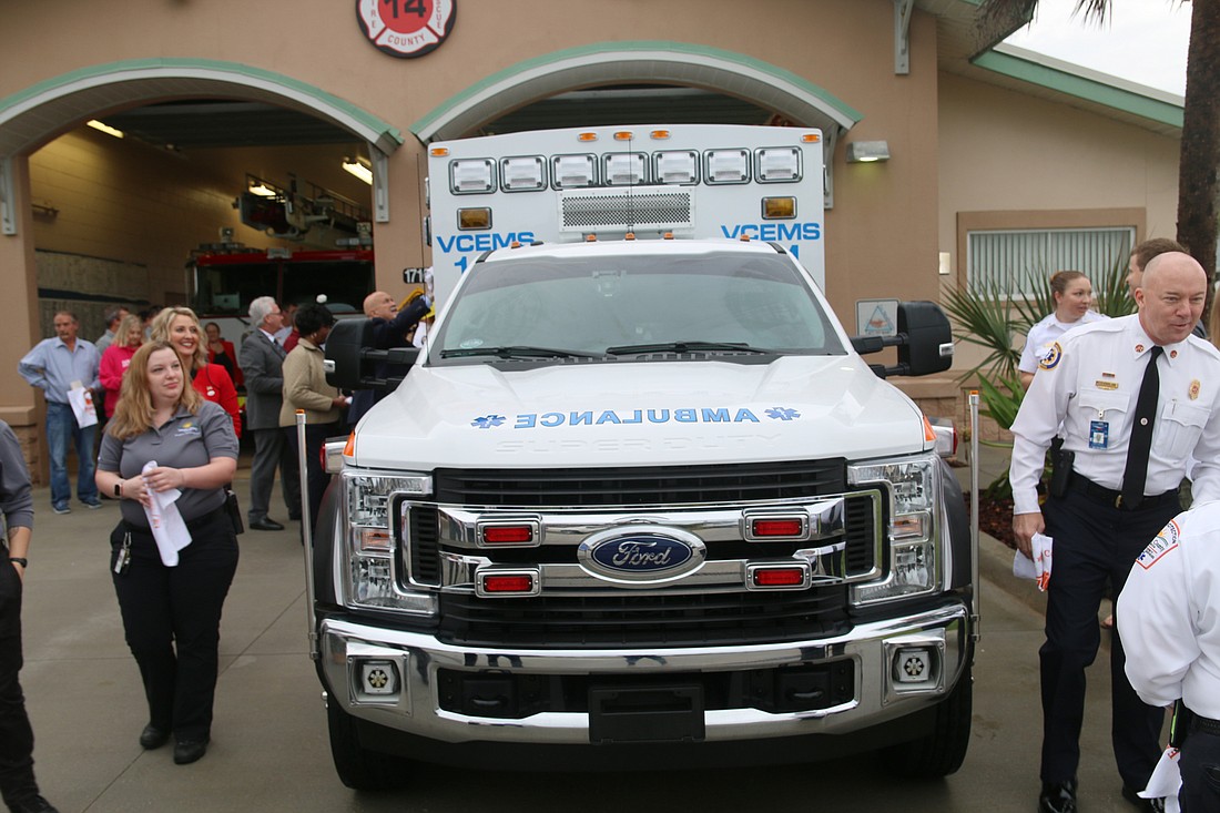 An ambulance was welcomed at Volusia County Fire Station 14 in Ormond-by-the-Sea during a "backing-in" ceremony on Dec. 13, 2019. File photo
