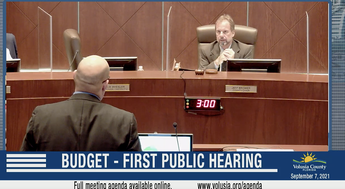Volusia County Council Chair Jeff Brower speaks with CountyÂ Finance Department Director Ryan Ossowski at the Sept. 7 budget hearing. Screenshot courtesy of Volusia County Government's livestream