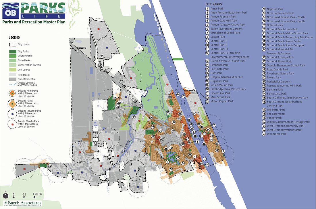 A map by Barth Associates showing the neighborhoods in need of a park within a half mile. Those are represented by a red square. Courtesy of the city of Ormond Beach/Barth Associates