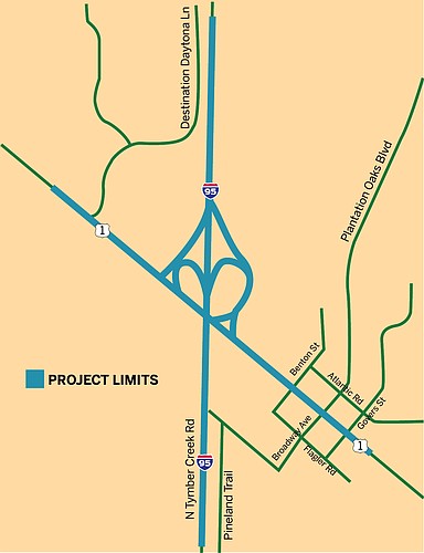 A map outlining the I-95 and U.S. 1 interchange in Ormond Beach.