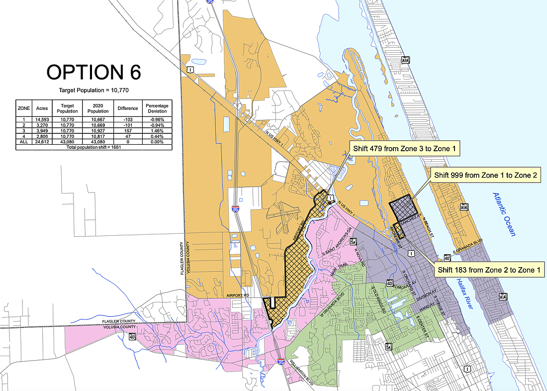 A map showing 'Option 6,' the favored redistricting plan by the Ormond Beach City Commission, though some modifications were made at the workshop. Map courtesy of the city of Ormond Beach