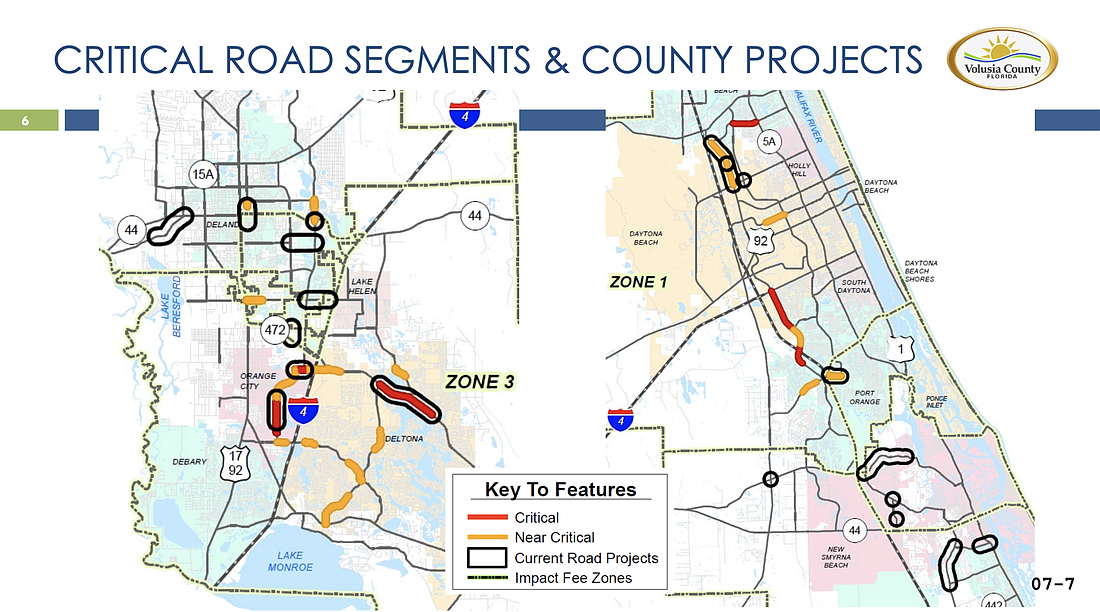 A map presented to the council highlighting some critical and near critical road segments, as well as where current projects are located. Courtesy of Volusia County Government