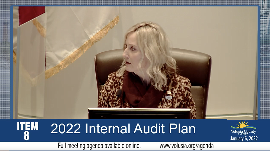 Screenshot of District 4 County Councilwoman Heather Post during Volusia County Government's livestream of the 2022 Internal Audit Plan discussion