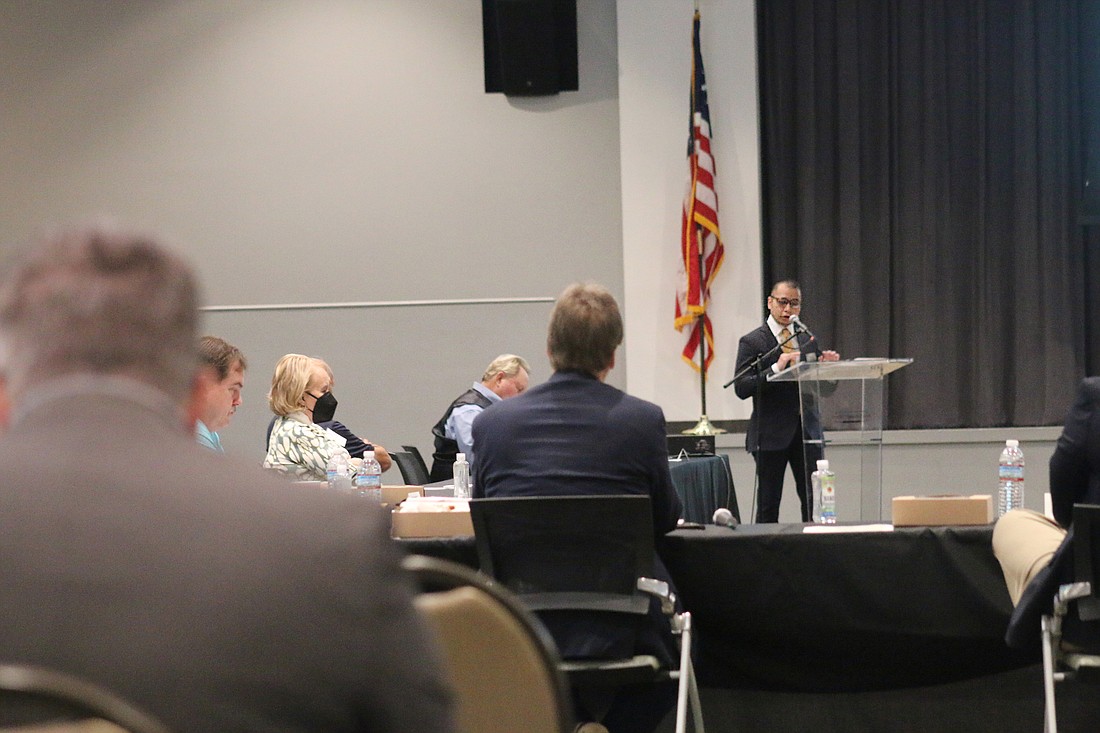 Paola Soria, senior assistant county attorney, speaks during the Roundtable of Volusia County Elected Officials meeting on Monday, Jan. 10. Photo by Jarleene Almenas