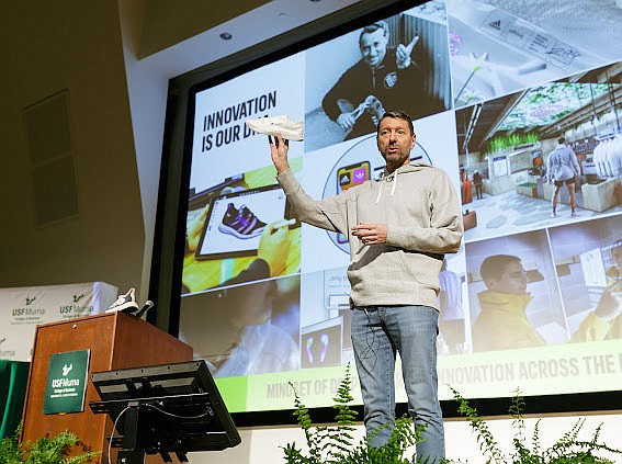 Courtesy. Adidas CEO Kasper Rorsted spoke to USF business students on March 31.
