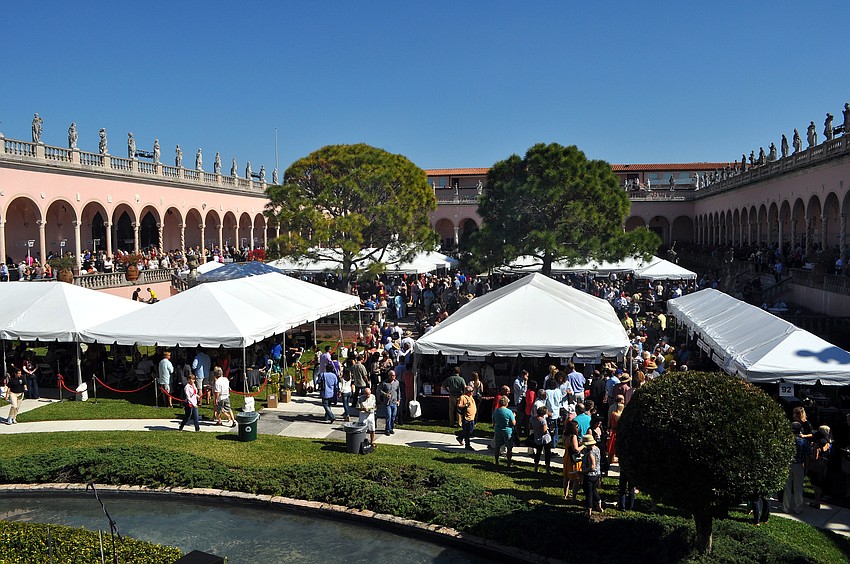 An overall view of the Grand Tasting in the courtyard of the John and Mable Ringling Museum of Art.