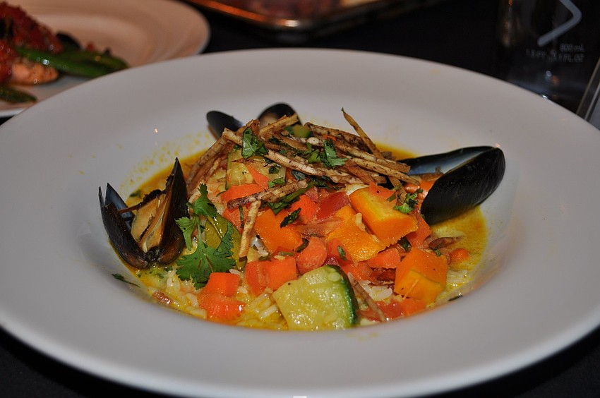 The first course was a shrimp and mussel curry.