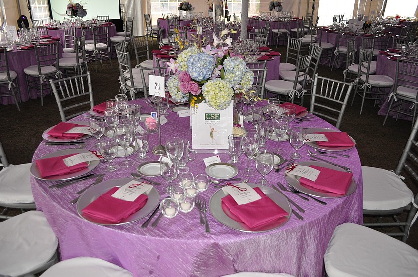 Each table was set with a lavender tablecloth, pink napkins and a vase full of hydrangeas as the centerpiece.