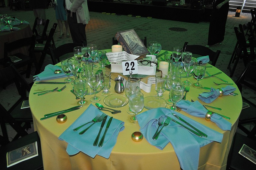 The centerpieces for the tables were large books with quotes wrapped around them.