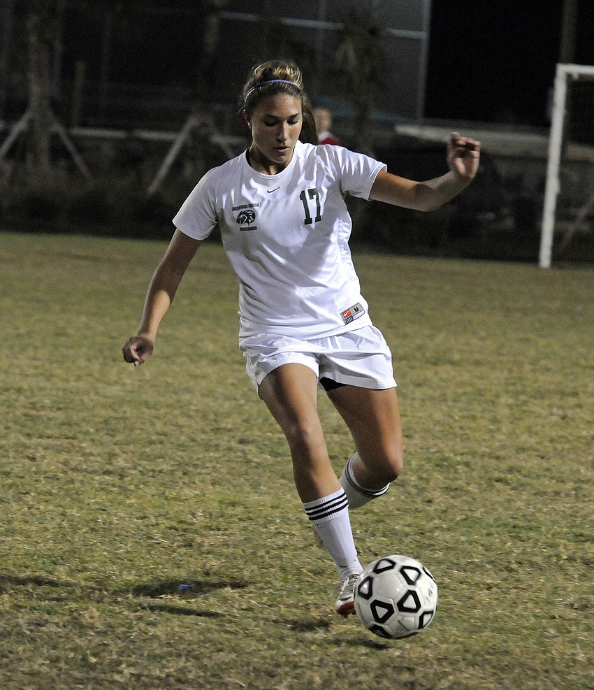 Lakewood Ranch freshman defender Hannah Miller brings the ball back toward the midfield.
