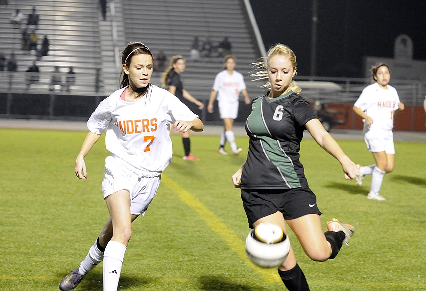 Lakewood Ranch forward Delaney Riggins prepares to fire a shot to the corner during the Lady Mustangs 1-0 victory over Plant City in the Class 4A-Region 3 finals.