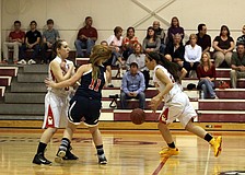 Cardinal Mooneyâ€™s Abby Donofrio, No. 32, does a pick to stop Indian Rocksâ€™ Rebecca Lizotte, No. 11, from taking the ball from Cardinal Mooneyâ€™s Camille Giardina, No. 22.
