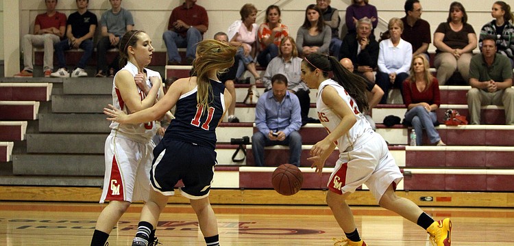 Cardinal Mooneyâ€™s Abby Donofrio, No. 32, does a pick to stop Indian Rocksâ€™ Rebecca Lizotte, No. 11, from taking the ball from Cardinal Mooneyâ€™s Camille Giardina, No. 22.