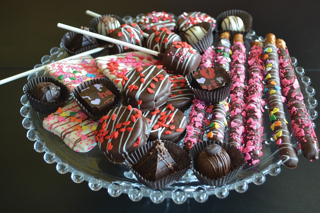 Carol Sirard's sample tray featuring her colorful, chocolate-covered treats