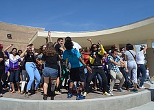 Students join Principal Rachel Shelley and Mayor Susan Atwell for the Harlem Shake.