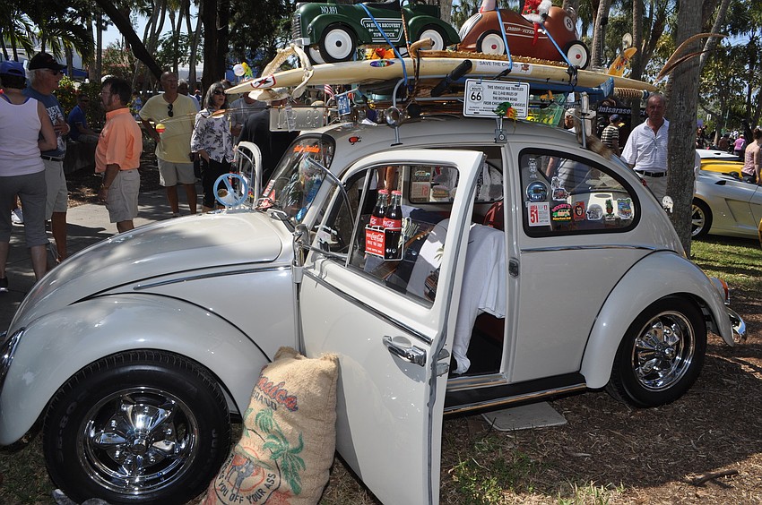 A 1966 Volkswagen Bug had copious whimsical details, including a hamster wheel and a parrot.