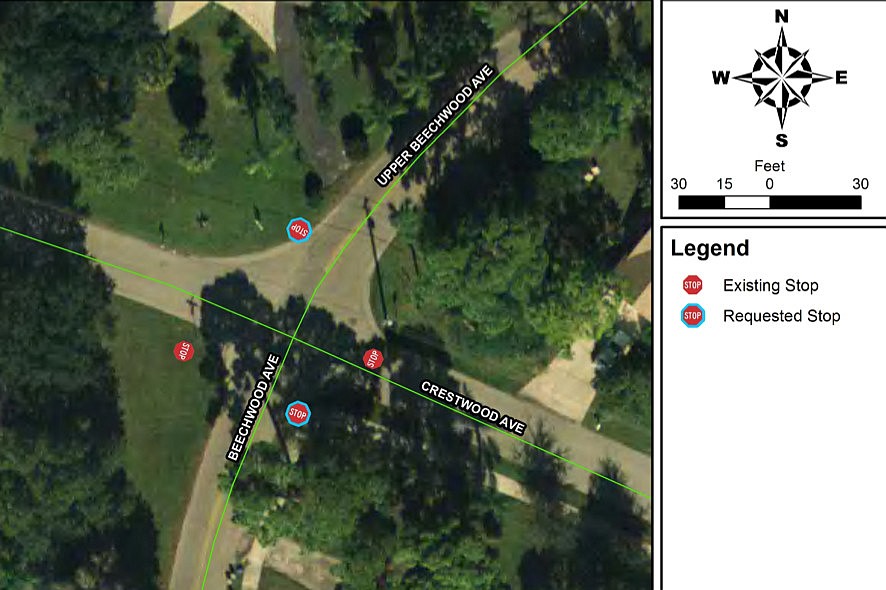 Existing and proposed stop signs at the intersection of Beechwood Avenue and Crestwood Avenue. Courtesy image